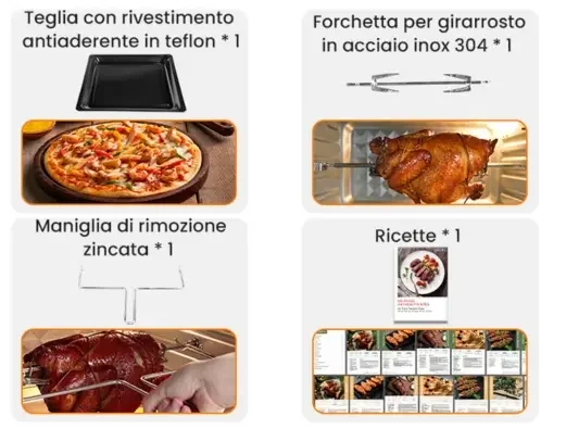 Accessori inclusi: cestello girarrosto, vassoio raccogli briciole, maniglia di estrazione, ricettario