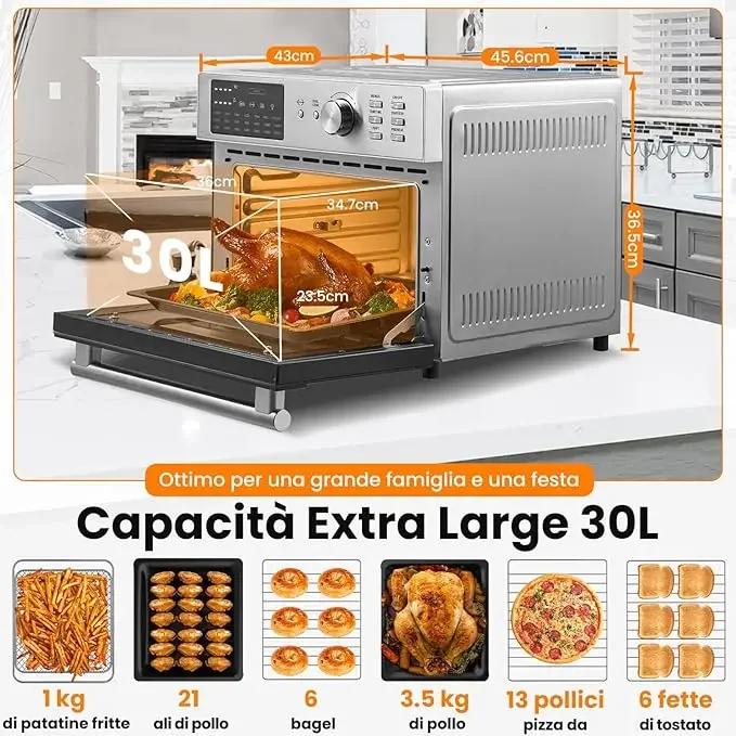 Capacità di 30 litri: 1 kg di patatine, 21 alette, 6 bagel, pollo da 3,5 kg, pizza da 13 pollici, 6 fette di pane