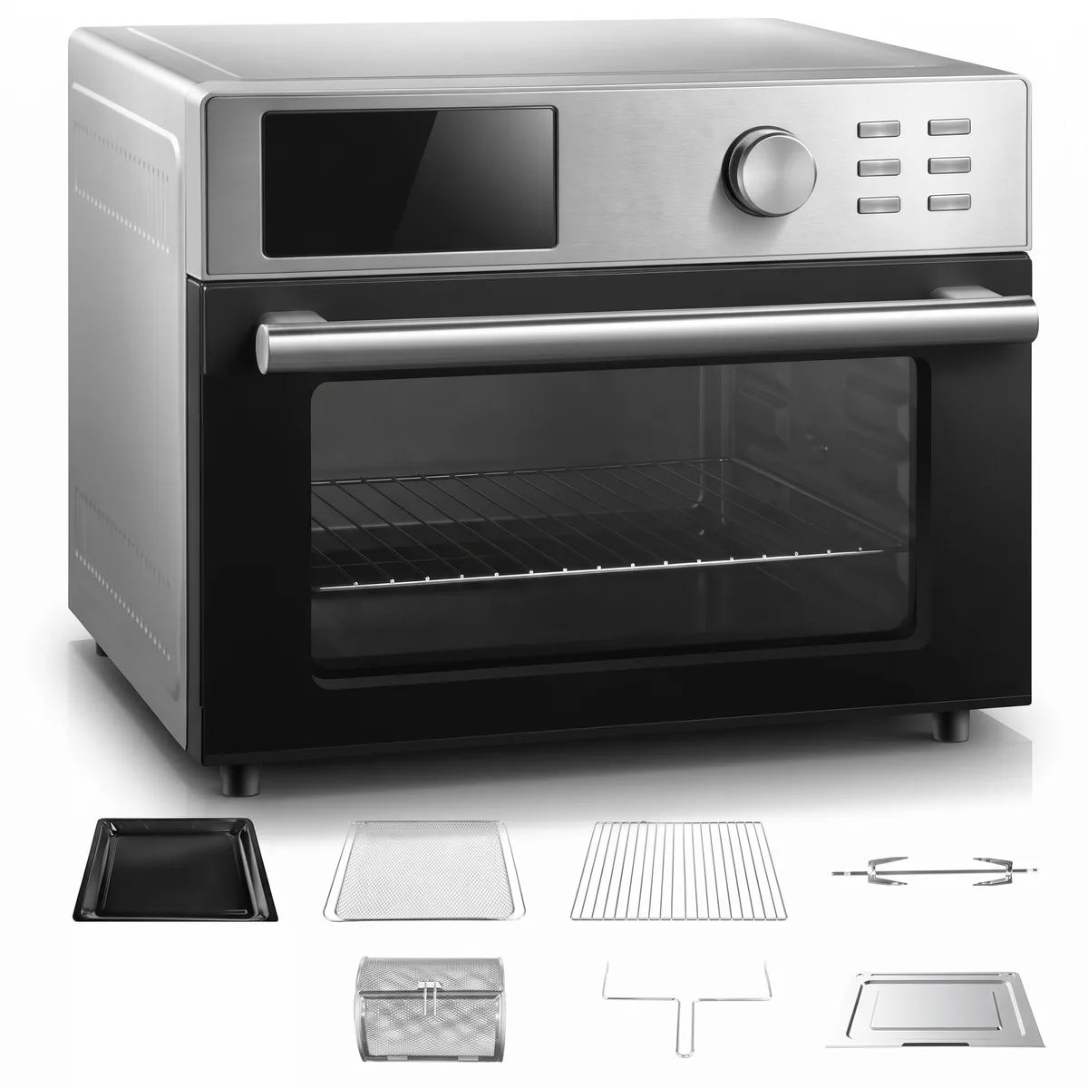 A countertop air fryer oven on a white background. The oven has a brushed stainless steel body and a black glass door with a long silver handle.