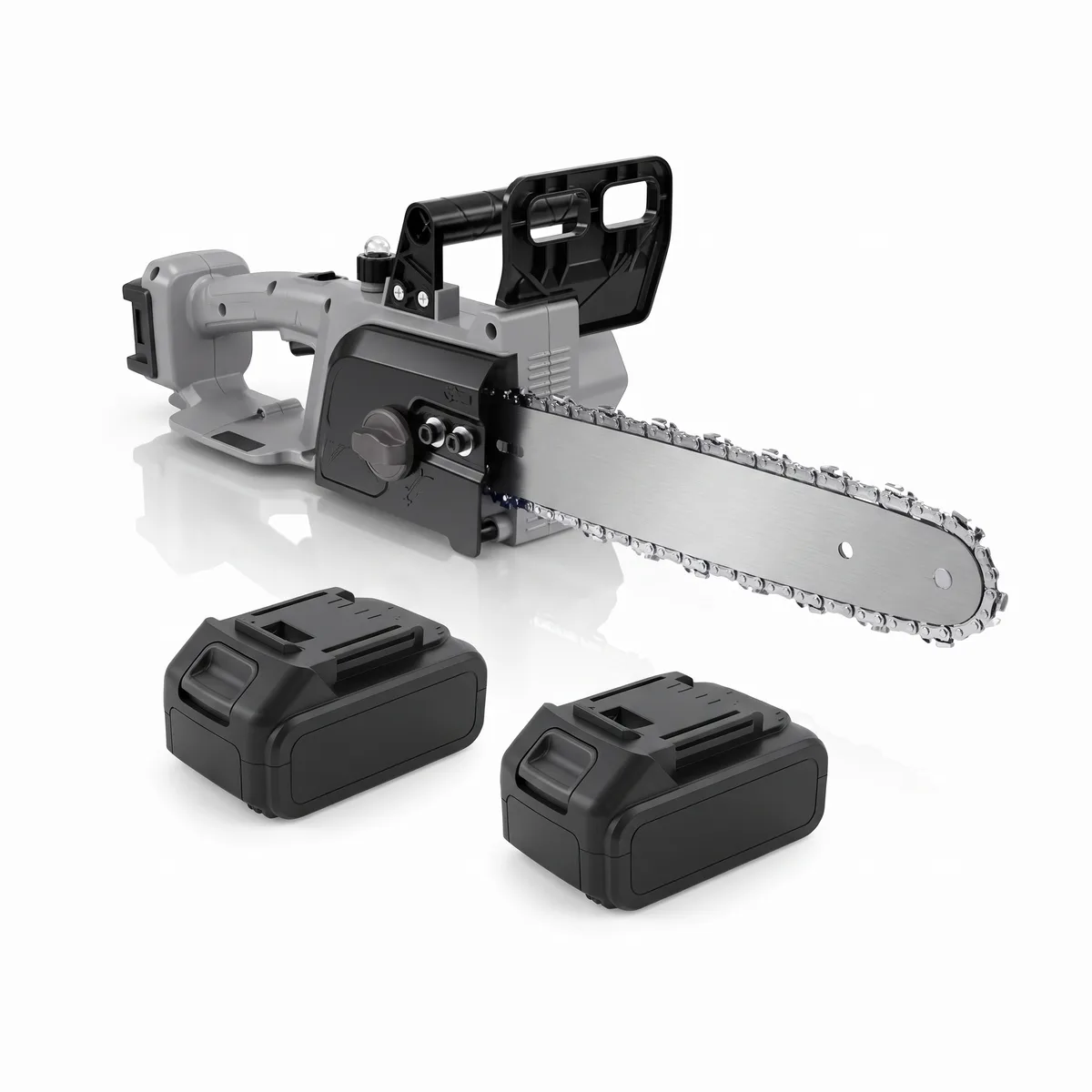Cordless chainsaw with a grey and black body, a black front hand guard, a plain steel guide bar and chain, with two black battery packs in front.