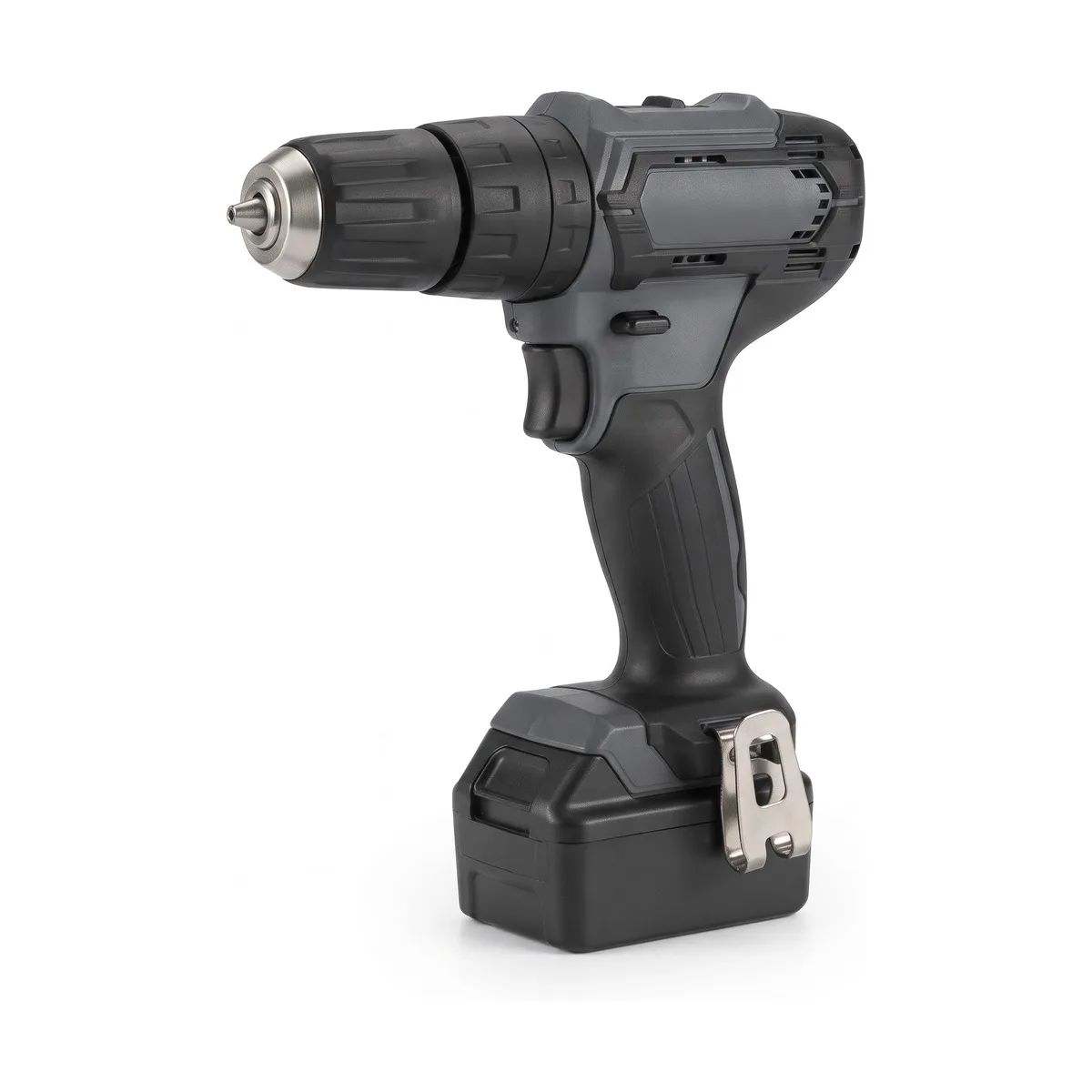 Cordless drill driver in matte black and dark grey with a keyless chuck, a ridged torque collar, a trigger with a forward/reverse switch, a textured grip.