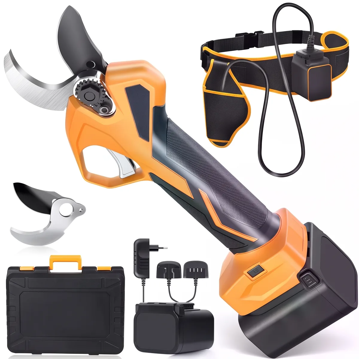 Cordless electric pruning shears in orange and dark grey, with a curved steel bypass blade, a black upper blade, a silver trigger.