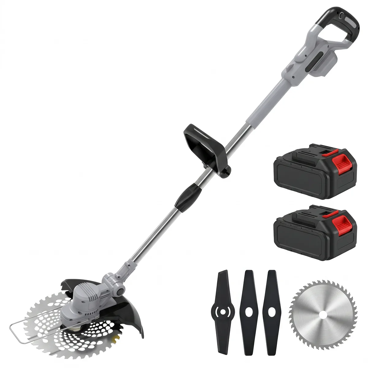 Grey and black cordless grass trimmer with a long telescopic aluminium shaft, a D-shaped front grip.