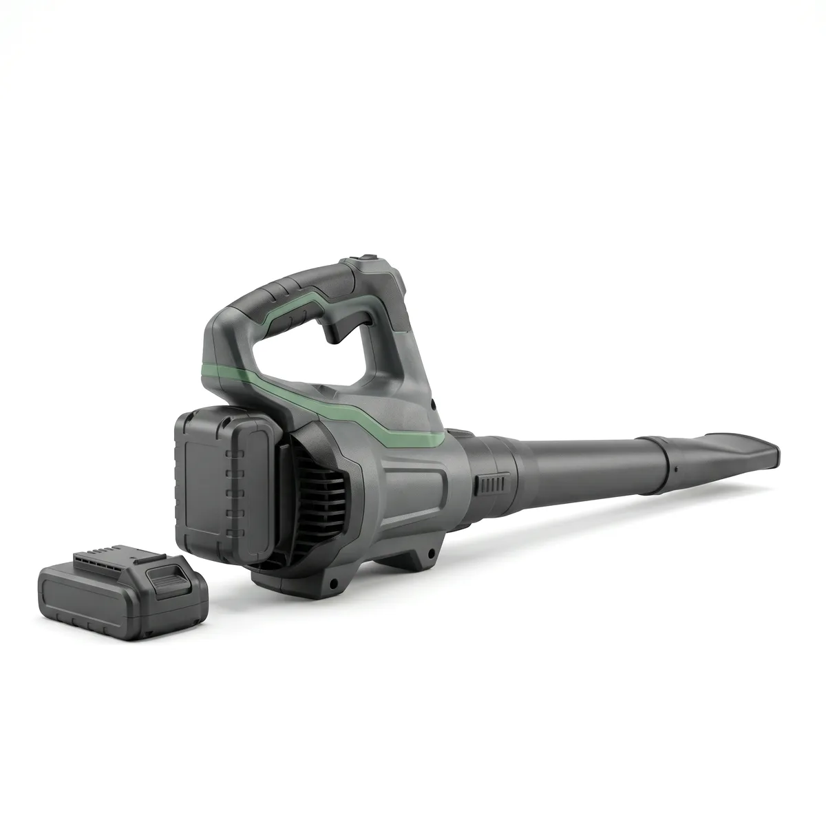 Cordless leaf blower with a charcoal-grey body, a thin green accent stripe, a top loop handle with a trigger, and a long tapered blowing tube.