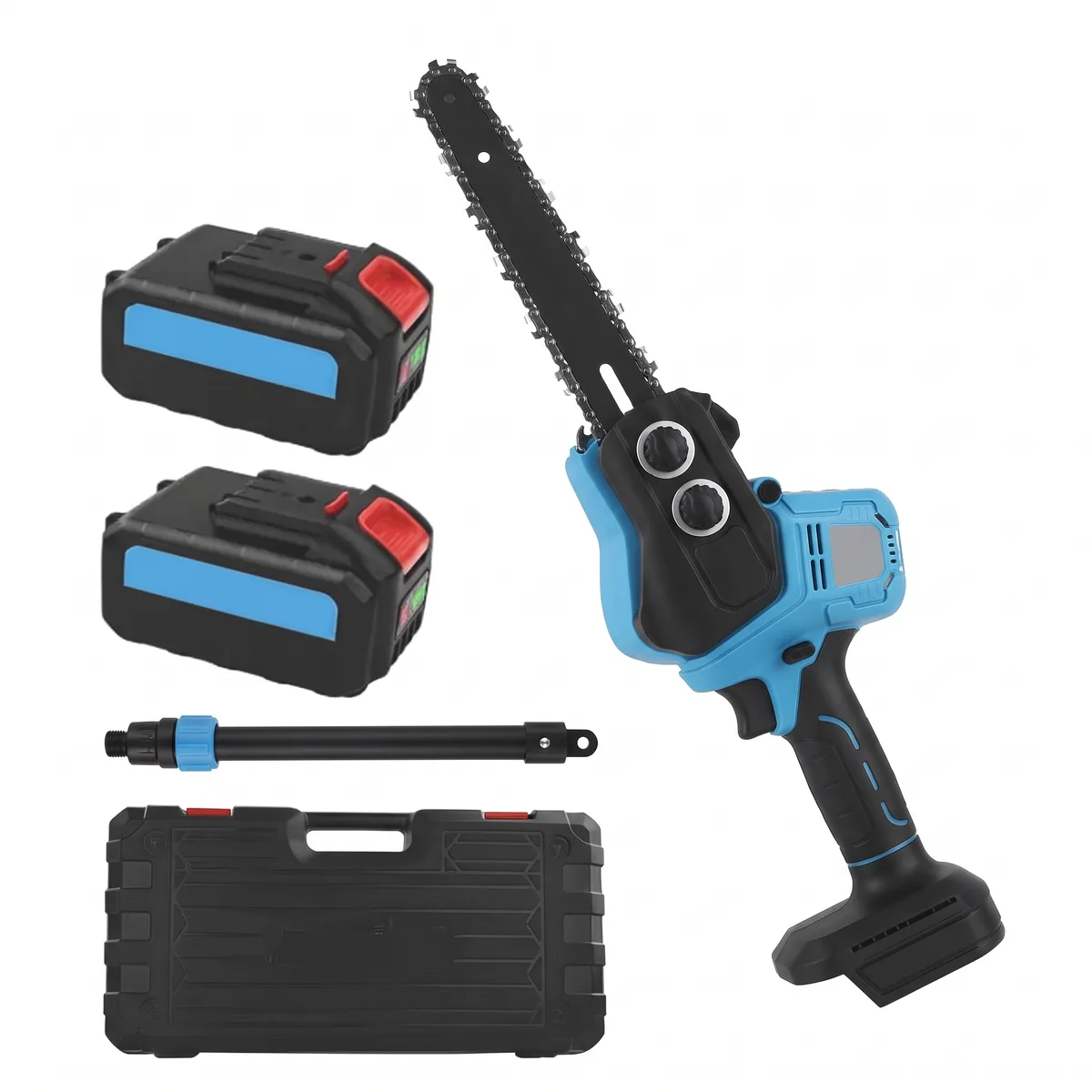 Cordless mini chainsaw with a short black guide bar and chain, sky-blue and black body, two adjustment knobs and a pistol grip.