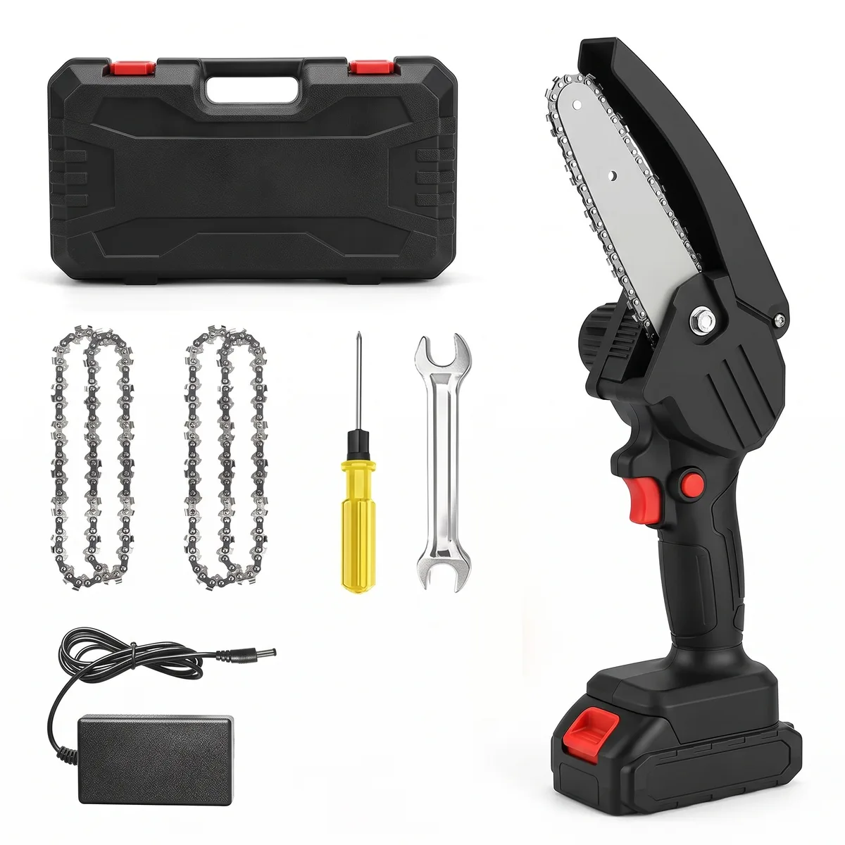 Black cordless mini chainsaw with a short steel guide bar, chain and curved top guard, red trigger and safety button.