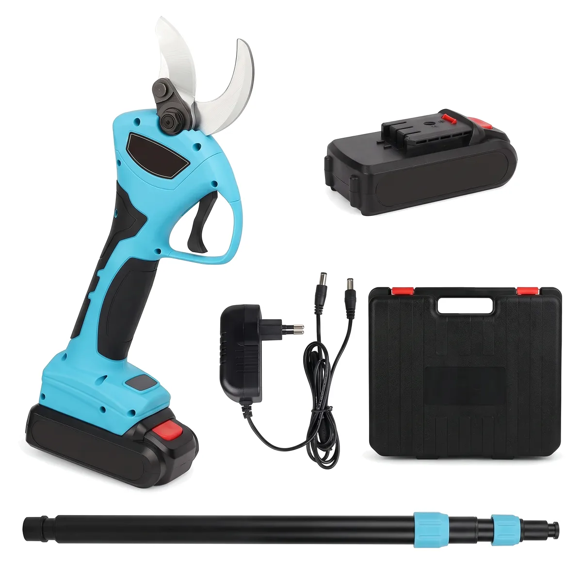 A light blue and black cordless pruning shears with curved steel blades, with a black battery attached to the handle.