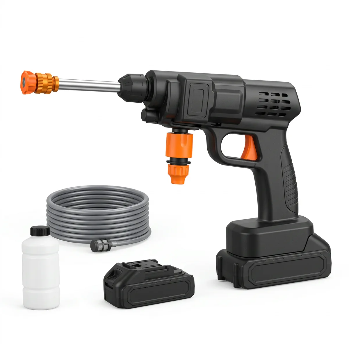 Handheld cordless pressure washer gun in black with orange trigger.