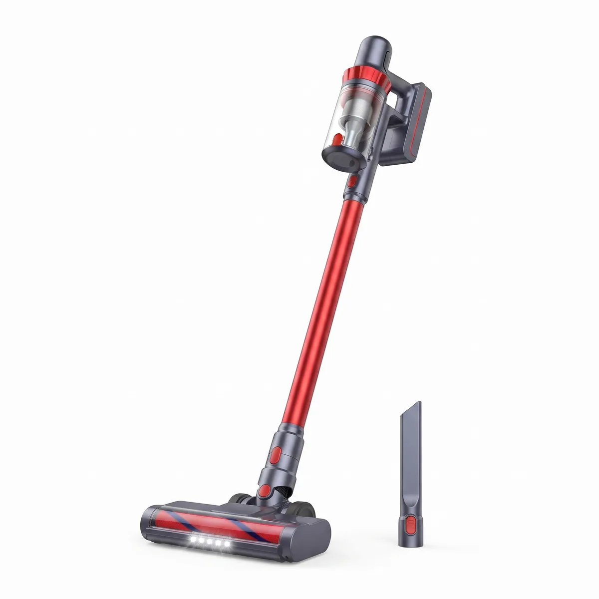 Cordless stick vacuum cleaner with a dark grey handheld motor unit, clear cylindrical dust bin with red trim, a rear-mounted removable battery.