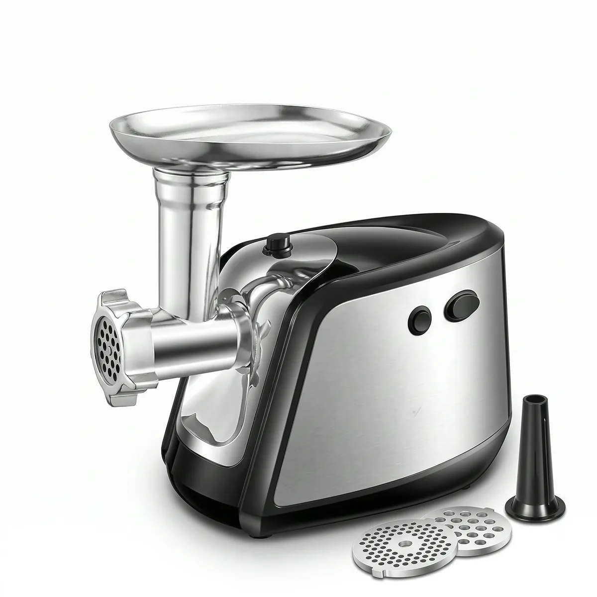 Electric meat grinder with a black and brushed stainless steel body, a round stainless steel feed tray on top.