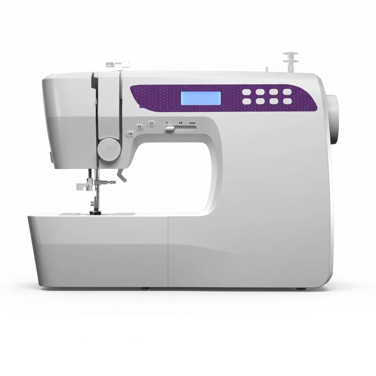 White electronic sewing machine seen from the front on a plain white background.