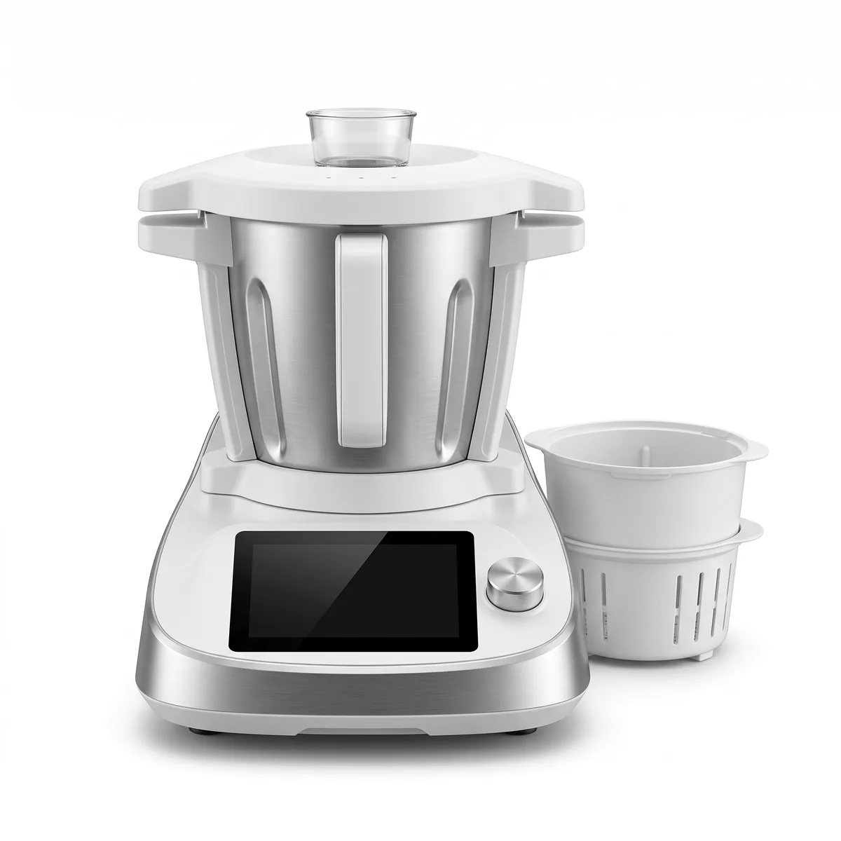 White and brushed-silver multifunction cooking food processor on a plain white background.