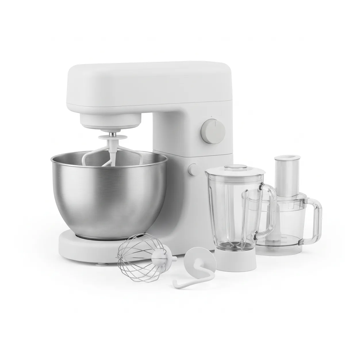 A matte white tilt-head stand mixer on a white background. It has a brushed stainless steel bowl with a flat beater fitted inside it.
