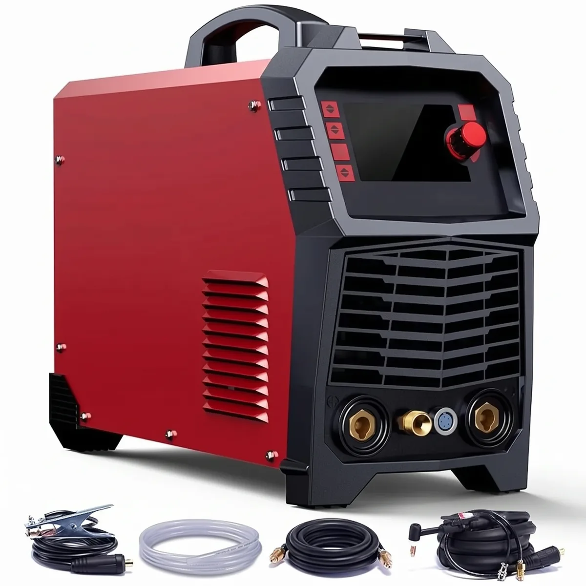 A red and black TIG AC/DC inverter welding machine on a white background, shown at a three-quarter angle.