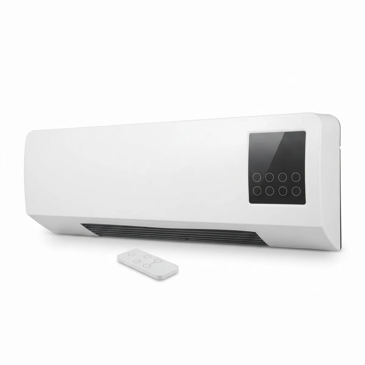 A white wall-mounted electric fan heater with a long rectangular body, a black glass touch panel with eight round buttons on the right front.